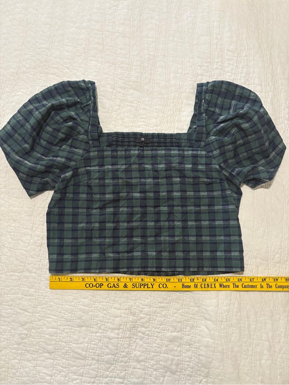 Madewell Hopewell Puff-Sleeve Crop Top in Plaid Green & Blue Medium